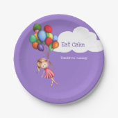 Eat Cake Girl Floating with Balloons Paarse Party Papieren Bordje (Voorkant)