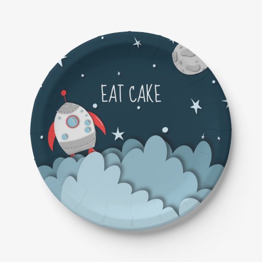 Eat Cake Spacecraft Moon Buitenspatie Birthday Papieren Bordje (Voorkant)