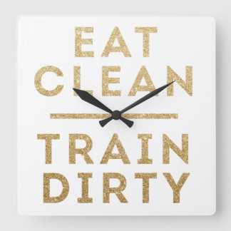 Eat Clean Train Dirk Gold Glitter Wall Clock Vierkante Klok