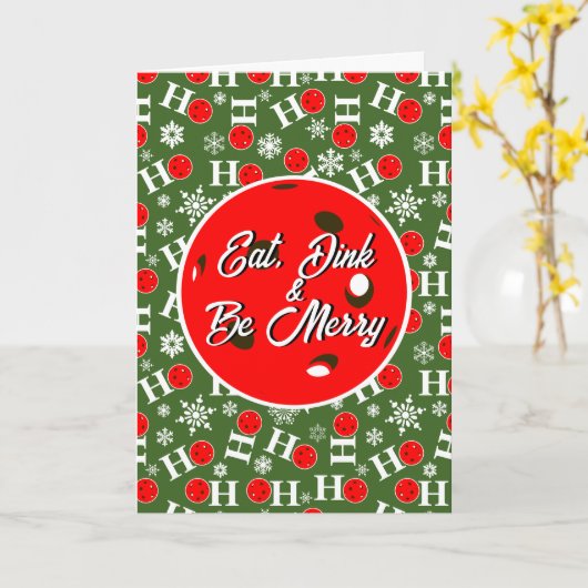 Eat Dink & Be Merry Red Green Ho Ho Pickleball Kaart (Gele Bloem)