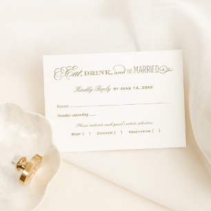 Eat Drink and be Married Antiek Gold Wedding RSVP Kaartje