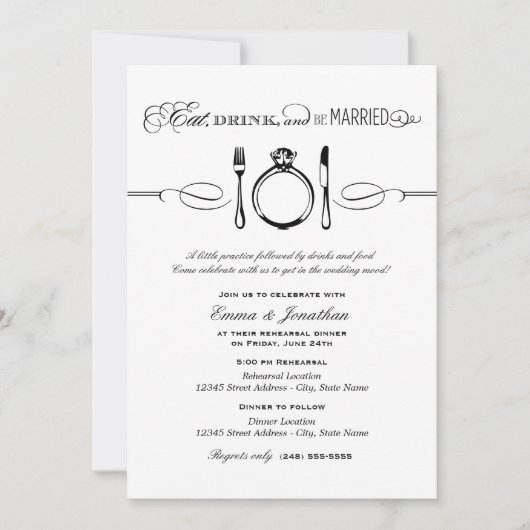 Eat Drink and be Married Black Rehearsal Dinner Kaart (Voorkant)