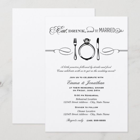 Eat Drink and be Married Black Rehearsal Dinner Kaart (Voorkant / Achterkant)