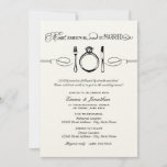 Eat Drink and be Married Black Rehearsal Dinner Kaart<br><div class="desc">De repetitie van de zwarte en ivoor- en crèmebruiloft en het repetitieve ontwerp met een eten,  drink en zijn getrouwd thema in elegante en  gemengde typografie met diamanten verloving ring place setting scroll feature.</div>