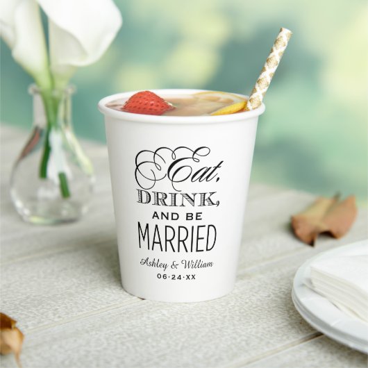 Eat Drink and be Married Black WeduwMonogram Papieren Bekers (Insitu)
