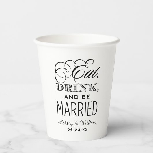 Eat Drink and be Married Black WeduwMonogram Papieren Bekers (Achterkant)