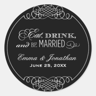 Eat Drink and be Married Black WeduwMonogram Ronde Sticker