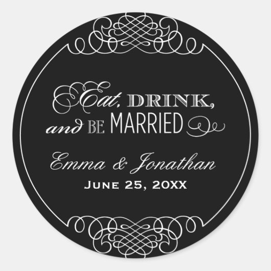 Eat Drink and be Married Black WeduwMonogram Ronde Sticker (Voorkant)