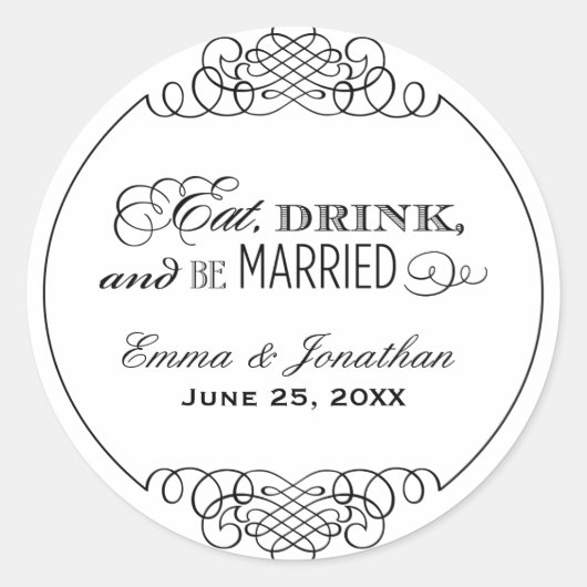 Eat Drink and be Married Black WeduwMonogram Ronde Sticker (Voorkant)