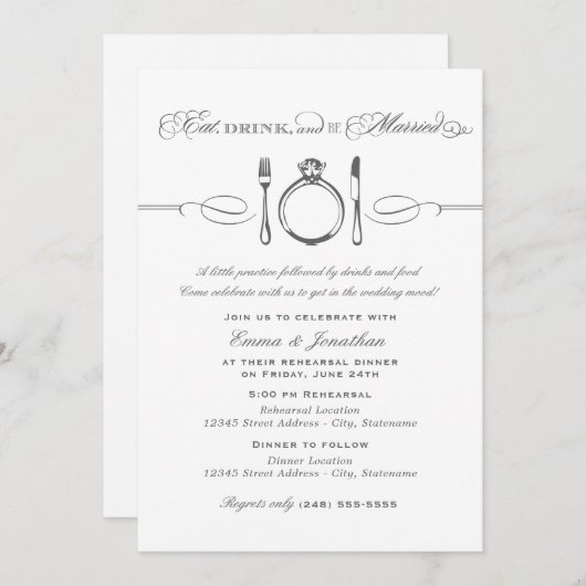 Eat Drink and be Married Charcoal Rehearsal Dinner Kaart (Voorkant / Achterkant)