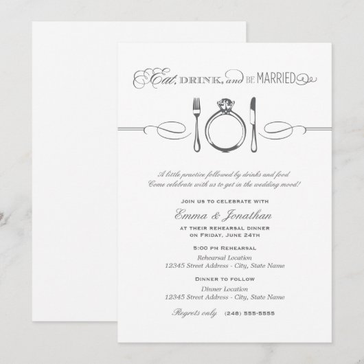 Eat Drink and be Married Charcoal Rehearsal Dinner Kaart (Voorkant / Achterkant)