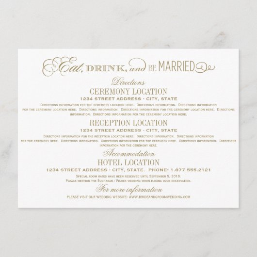 Eat Drink and be Married Gold Wedding Details Informatiekaartje (Voorkant)