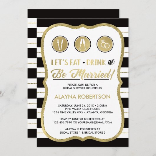 Eat Drink and Be Married Invitation, Faux Gold Kaart (Voorkant / Achterkant)
