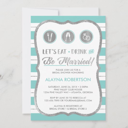 Eat Drink and be married Invitation, Faux Silver Kaart (Voorkant)
