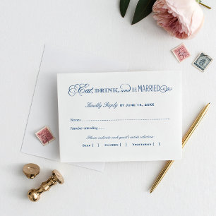 Eat Drink and be Married Navy Blue Wedding RSVP Kaartje