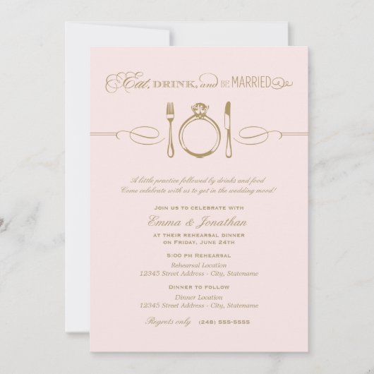 Eat Drink and be Married Pink Rehearsal Dinner Kaart (Voorkant)