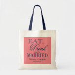Eat drink and be married wedding party tote bag<br><div class="desc">Eat drink and be married wedding party tote bags. Custom coral and navy blue sable canvas totebags. Personalized name or monogram of bride and groom plus date. Customizable color background. Elegant logo design with chic typography. Cute vintage gift idea for bride and brides omringt. Make your own for trendy bridesmaid,...</div>