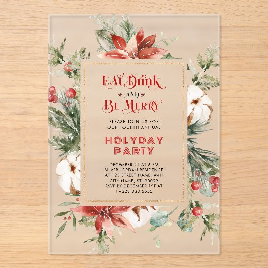 Eat Drink and be Merry Christmas Party Invitation Acryl Uitnodigingen (Voorkant)