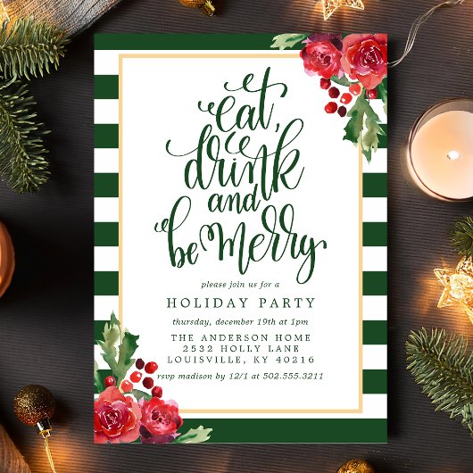 Eat Drink and be Merry Floral Holiday Party Kaart