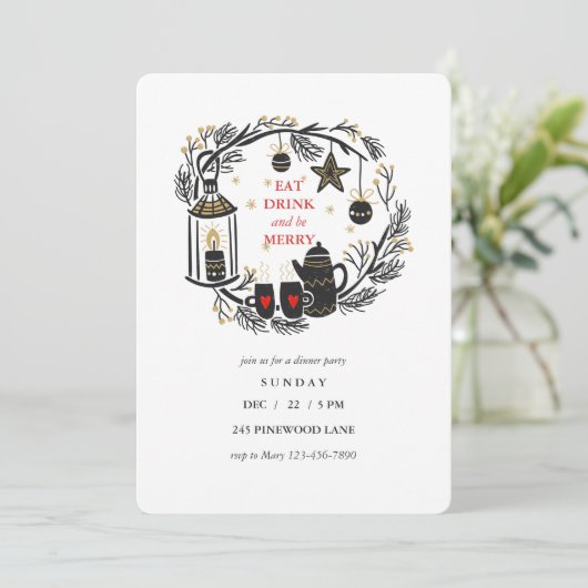 Eat Drink and be Merry Holiday Invitation Kaart (Staand voorkant)