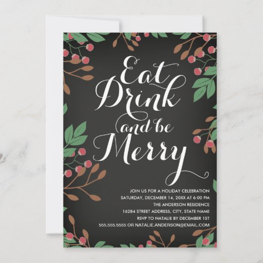 Eat Drink and be Merry Holly Berries Holiday Party Kaart (Voorkant)