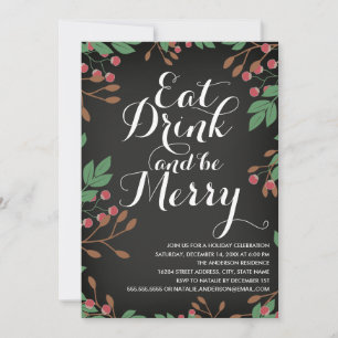 Eat Drink and be Merry Holly Berries Holiday Party Kaart