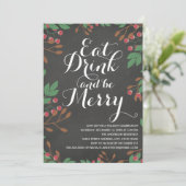Eat Drink and be Merry Holly Berries Holiday Party Kaart (Staand voorkant)