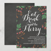 Eat Drink and be Merry Holly Berries Holiday Party Kaart (Voorkant / Achterkant)