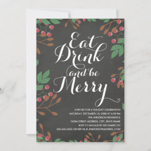 Eat Drink and be Merry Holly Berries Holiday Party Kaart