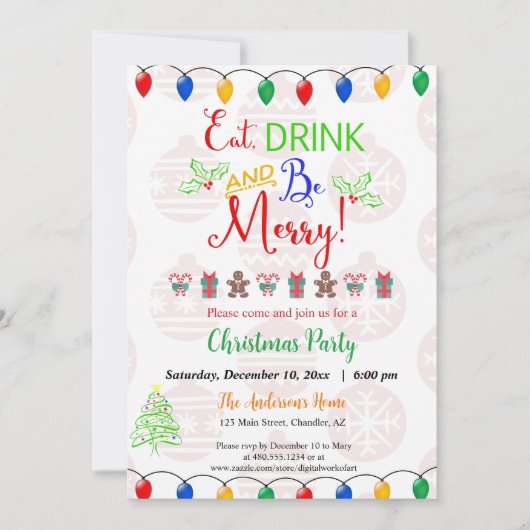 Eat Drink and be Merry Kerstfeestay Party Kaart (Voorkant)