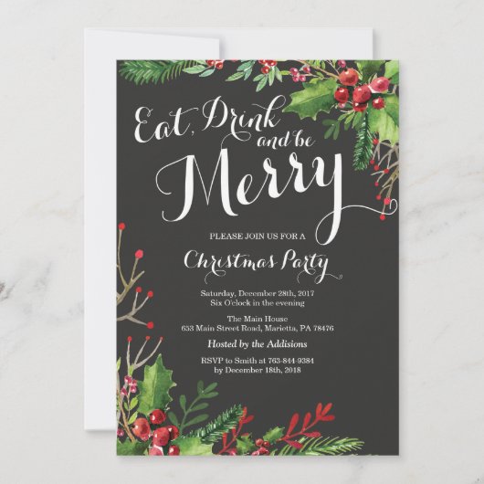 Eat Drink and be Merry Kerstparty Invitation Kaart (Voorkant)
