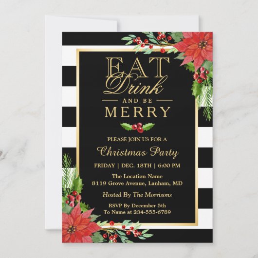 Eat Drink and be Merry Kerstparty Invitation Kaart (Voorkant)