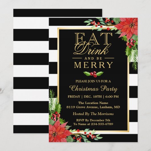 Eat Drink and be Merry Kerstparty Invitation Kaart (Voorkant / Achterkant)