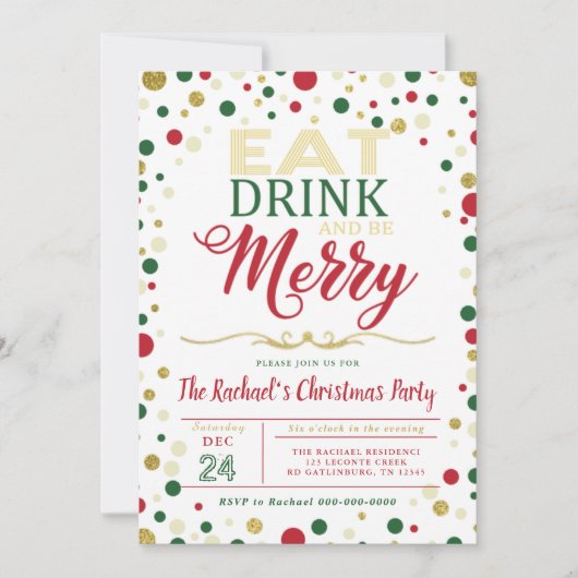Eat Drink and be Merry Kerstparty Invitation Kaart (Voorkant)