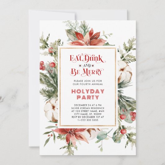 Eat Drink and be Merry Kerstparty Invitation Kaart (Voorkant)