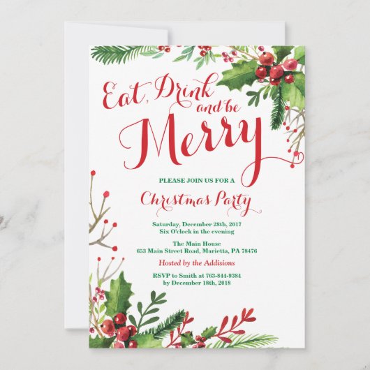 Eat Drink and be Merry Kerstparty Invitation Kaart (Voorkant)
