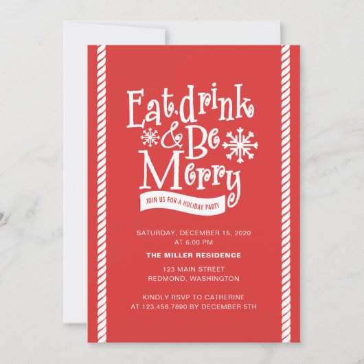 Eat Drink and be Merry Red Holiday Party Kaart (Voorkant)