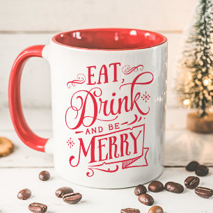 Eat Drink and be Merry Red Typography Holiday Mok