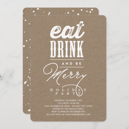 Eat Drink and be Merry Rustic Holiday Party nodigt Kaart (Voorkant / Achterkant)