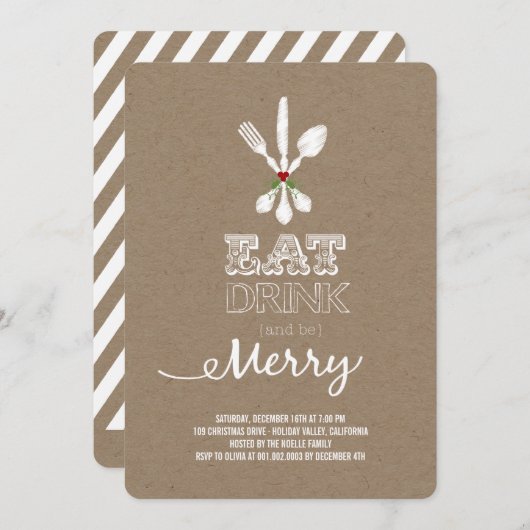 Eat Drink and be Merry Rustic Holiday Party nodigt Kaart (Voorkant / Achterkant)