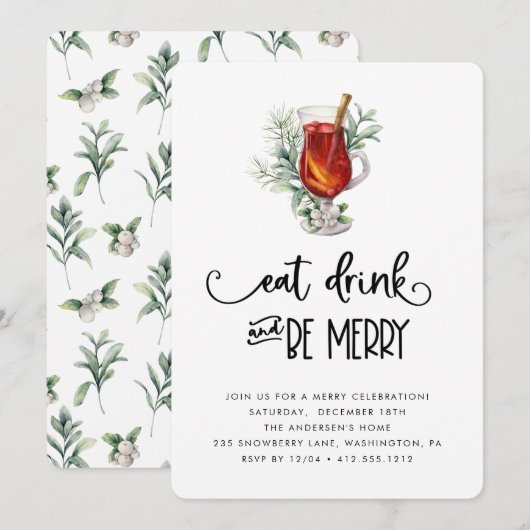 Eat Drink and be Merry Snowberries kerstparty Kaart (Voorkant / Achterkant)