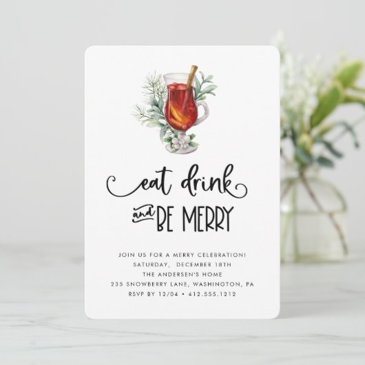 Eat Drink and be Merry Snowberries kerstparty Kaart (Staand voorkant)