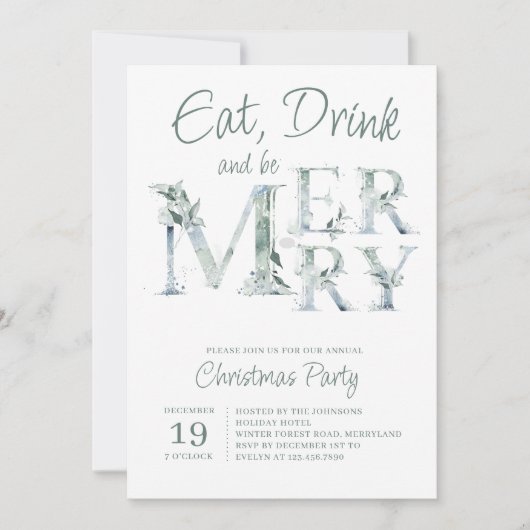 Eat Drink and be Merry Typography Kerstparty Kaart (Voorkant)