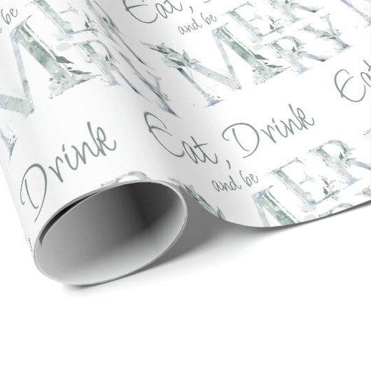 Eat Drink and Be Merry Waterverf Winter Greenery Cadeaupapier (Rol Hoek)