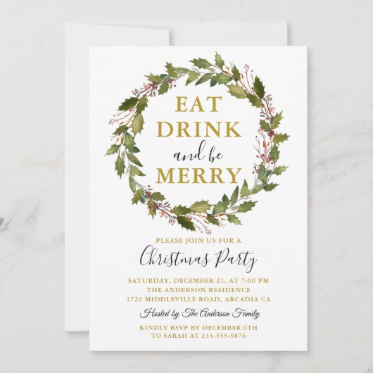 Eat Drink and be Merry Xmas Floral Kerstparty Kaart (Voorkant)