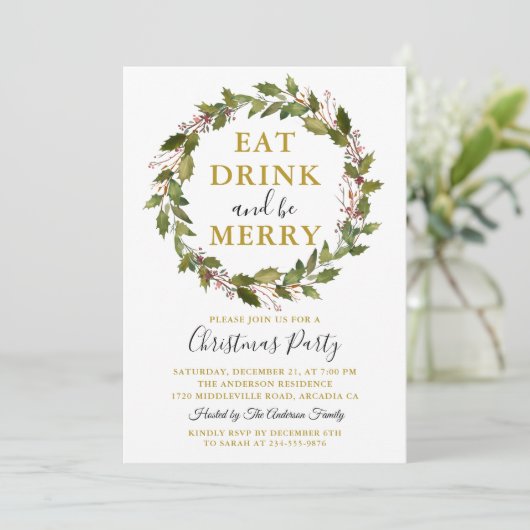 Eat Drink and be Merry Xmas Floral Kerstparty Kaart (Staand voorkant)