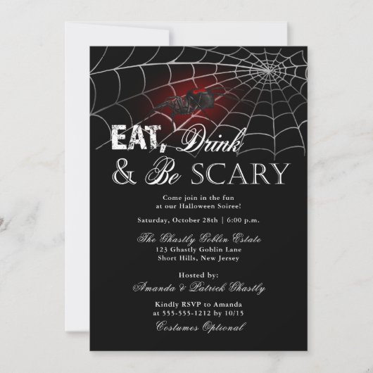 Eat Drink and be Scary Spider Halloween Party Kaart (Voorkant)