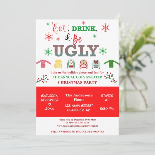 Eat Drink and be Ugly Kerstfeestay Party Kaart (Staand voorkant)