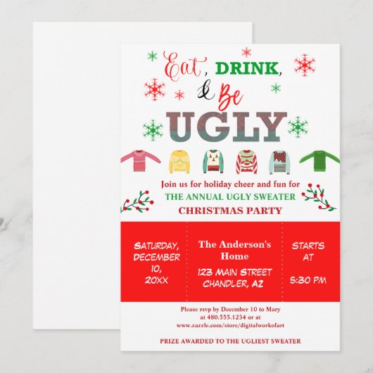 Eat Drink and be Ugly Kerstfeestay Party Kaart (Voorkant / Achterkant)