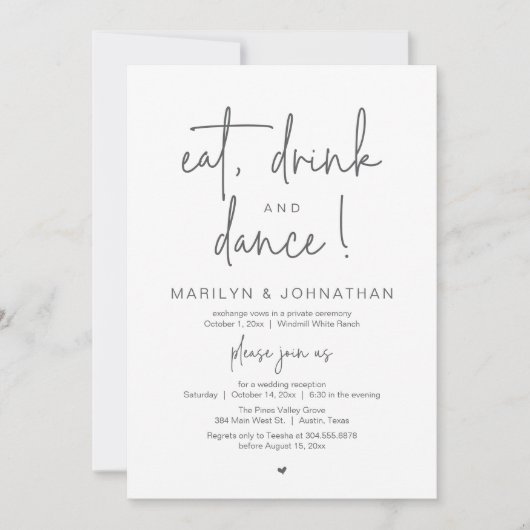 Eat, Drink and Dance, Modern Wedding Reception Kaart (Voorkant)